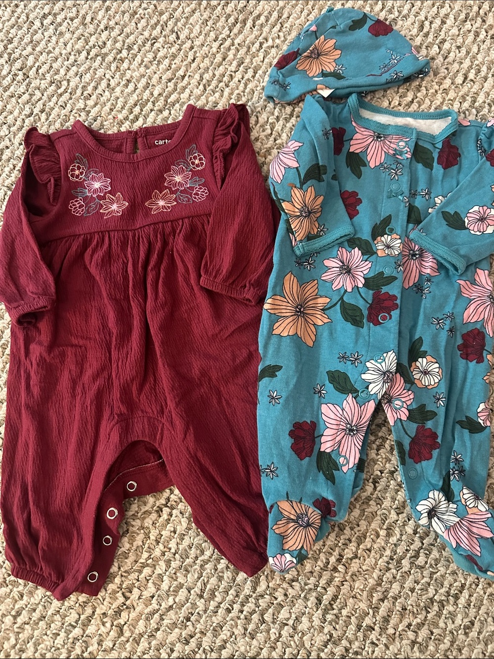 Carters 3M Floral Teal Romper & Burgundy Embroidered Romper Set